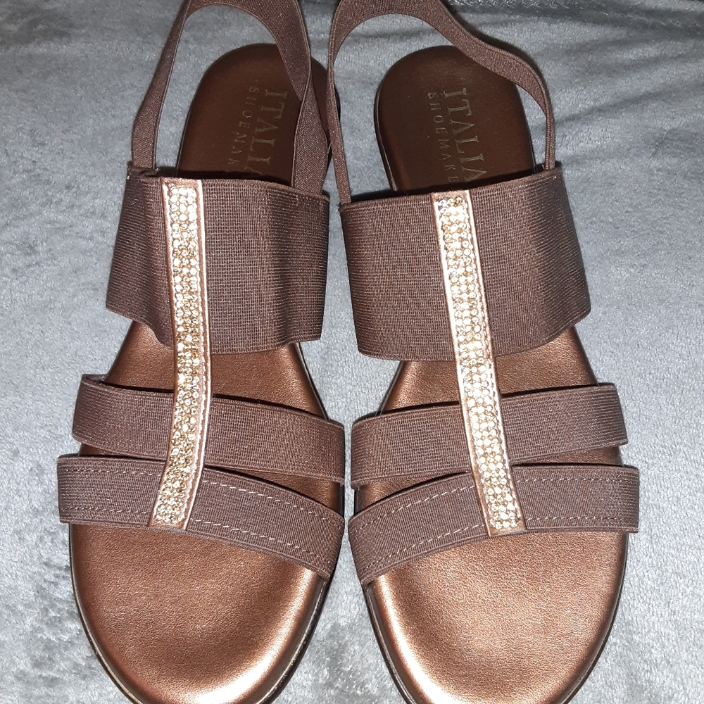 Womens 10M Wedge sandal brown/gold Exc Preowned Cond. Italian Shoemaker